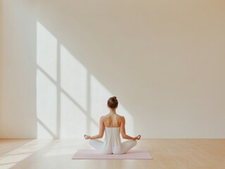 Minimalist Wellness Space Asian Woman Practicing Yoga on Pastel Mat in Sunlit Studio - Mindful Fitness Aesthetics for Urban Health and Commercial Lifestyle Promotion