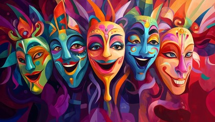 Fototapeta premium An abstract illustration of five multicolored drama masks lined up