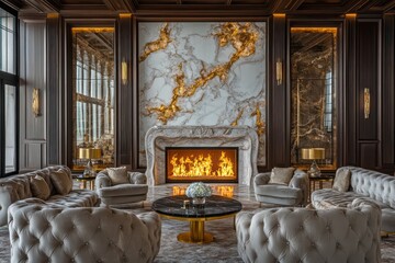 An elegant lounge with tufted furniture, gold accents, and a large marble fireplace as the centerpiece