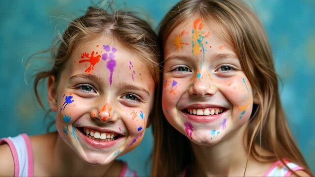 Two young girls with colorful face paint on their faces. They are smiling and looking at the camera