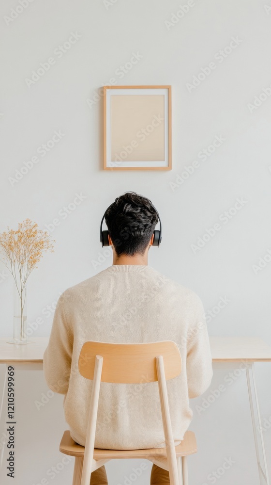 Aufkleber scandinavian minimalist workspace young indian man in ergonomic office setting with headphones for r