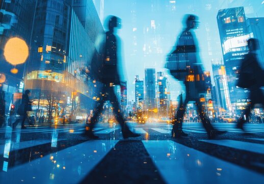 Double exposure of business people and cityscape, styled in the style of double exposure photography, featuring office buildings and urban streets in the background Generative AI
