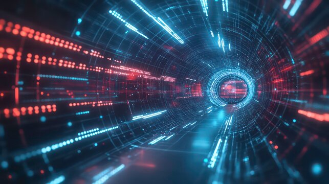 Abstract digital tunnel with glowing lines and data streams.