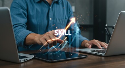 Skill enhancement visualization featuring a professional engaging with virtual technology in a modern workplace, symbolizing learning, growth, and innovation to improve productivity
