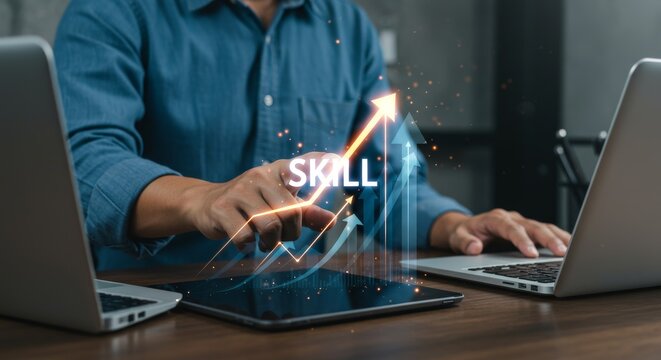 Skill enhancement visualization featuring a professional engaging with virtual technology in a modern workplace, symbolizing learning, growth, and innovation to improve productivity