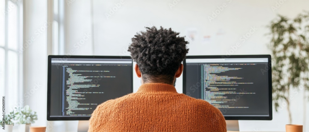 Poster Contemporary Digital Workspace Young Indian Developer Exploring Online Bootcamp on Dual Monitors - Elevating Tech Skills and Remote Learning in Modern Coworking Environments