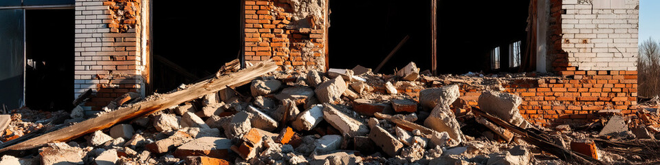 Fototapeta premium Demolished Brick Building with Rubble