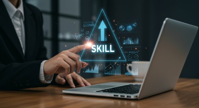 Skill enhancement concept with futuristic interface and analytics. Businesswoman interacting with skill growth hologram on laptop. Corporate development, skill acquisition, and data-driven learning