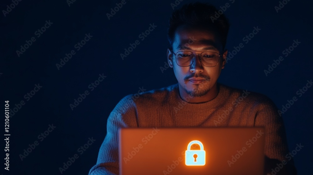 Aufkleber digital security aesthetic young indian man with laptop in low-light setting featuring secure login 