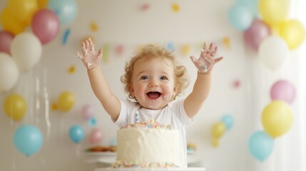 Fototapeta premium A cheerful baby with curly hair raises arms in celebration during a birthday party. Colorful balloons and a cake adorn the festive setting, capturing pure joy and excitement.