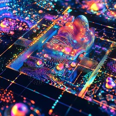 Abstract Digital Dreamscape: A mesmerizing digital dreamscape unfolds with iridescent, abstract forms shimmering across a grid of glowing lines. Vivid colors dance and blend.
