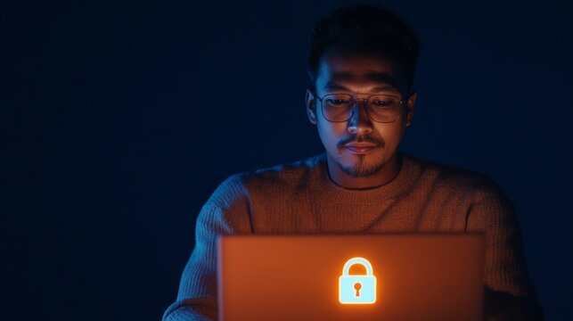 Digital Security Aesthetic Young Indian Man with Laptop in Low-Light Setting Featuring Secure Login Interface - Modern Cybersecurity Content and Online Safety Solutions