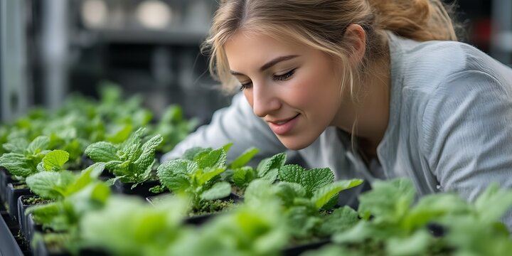 Woman smelling vibrant green seedlings in greenhouse. - Powered by Adobe