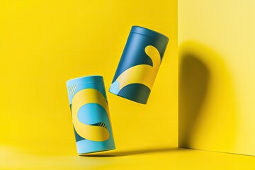 Bright cans with dynamic patterns float against vibrant yellow b