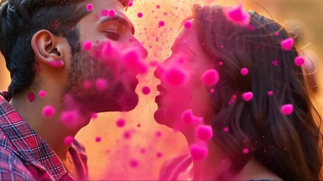 Man and a woman kissing each other. The man has pink paint on his face