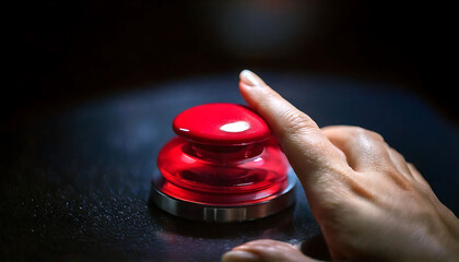 Dramatic close-up of a hand about to press a large, vibrant red button.  The dark background emphasizes the button's intensity, perfect for concepts of urgency, decision-making, or danger.