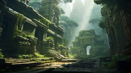 Obraz premium Lost in the heart of the jungle, an ancient temple stands, its ruins overgrown with lush greenery under the sunlight