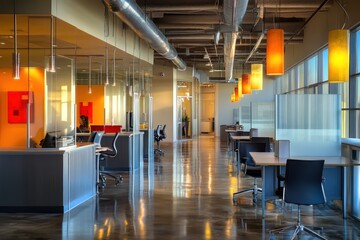 Clean and bright modern workspace with sleek metal accents, glass partitions, and ambient lighting
