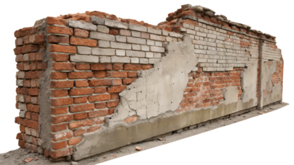A weathered brick wall with crumbling mortar and exposed bricks. The image conveys a sense of neglect and decay. The image is isolated on a transparent background.