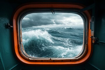 Waves crashing against the vessel as stormy clouds gather over the ocean from a ship's porthole view on a dramatic afternoon. Generative AI