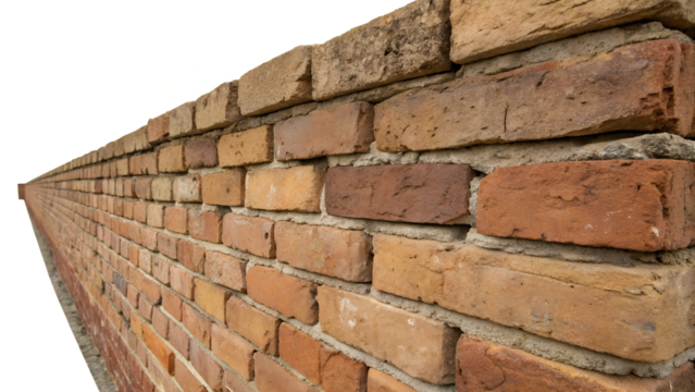 A close-up of an old brick wall, showcasing the intricate details of the bricks and mortar. The image is isolated on a transparent background.