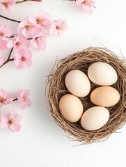 Elegant Easter Nest with Eggs and Blossoming Cherry Flowers for Festive Presentations and Designs 2