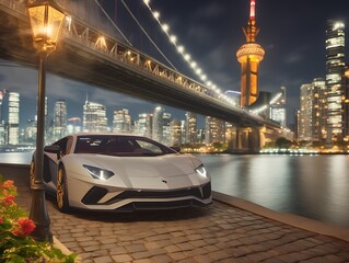 Luxury sports car parked by a river at night, city skyline in background.