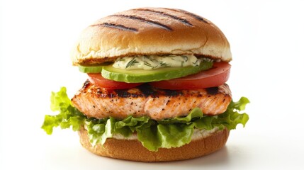 A gourmet salmon burger with a grilled salmon fillet, avocado, lettuce