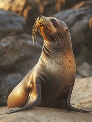 Fototapeta premium A sea lion relaxing on a rock in the sand, looking up at the sky as if enjoying the ocean view.