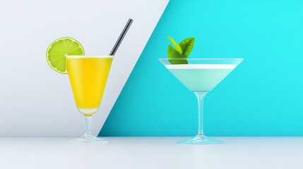 Fototapeta premium Refreshing Summer Cocktails - Two vibrant cocktails, one yellow and one light green, garnished with lime and mint, sit on a white surface against a contrasting blue and white background. Perfect for s