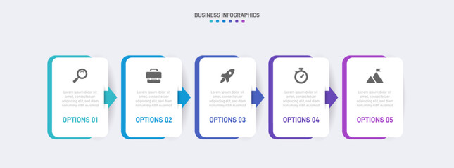 Horizontal progress bar featuring 5 arrow-shaped elements, symbolizing the five stages of business strategy and progression. Clean timeline infographic design template. Vector for presentation