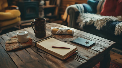 Rustic table with a warm cabin vibe, notebook, and bandage.illustration