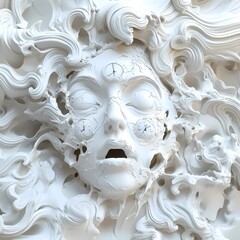 Unveiling of Time's Embrace: A surreal and intricate sculpture depicts a woman's face merging with the passage of time, showcasing elements of a clockwork mechanism and ethereal aesthetics.