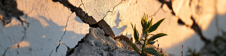 Plant Emerging from Cracked Wall at Sunset