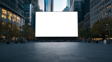 A vast blank advertising screen stands in an open urban square surrounded by tall buildings. The area is largely empty, with a few people seated on benches, creating a tranquil atmosphere at dusk.