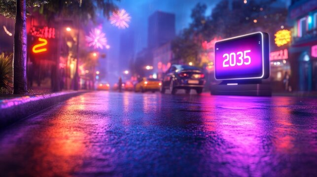 Futuristic Digital Countdown Billboard in Lively Cityscape. Generative AI