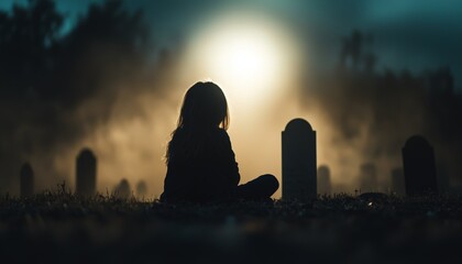 A young girl sits quietly among tombstones in a graveyard under the glowing light of dusk. The atmosphere is somber, with patches of fog adding a touch of mystery to the scene.