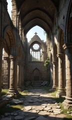 Fototapeta premium Abandoned, ruined church with crumbling stone walls, dark, walls