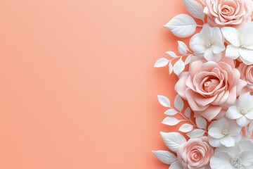 Naklejka premium Peach-toned background with delicate paper roses and white floral arrangement on the right side. creative floral branding and decorations.