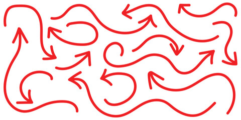 A collection curved arrow icons designs. Simple red curved hand drawn arrows. Curly arrow icons set. Vector illustration.