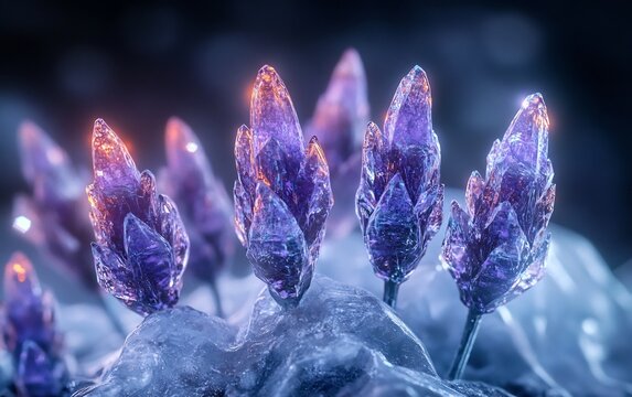 Captivating Crystalline Lavender Buds Encapsulated in Icy Glitch Art Macro - Powered by Adobe