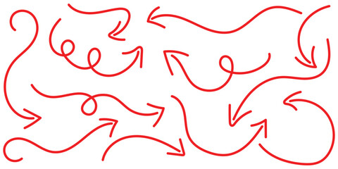 A collection curved arrow icons designs. Simple red curved hand drawn arrows. Curly arrow icons set. Vector illustration.