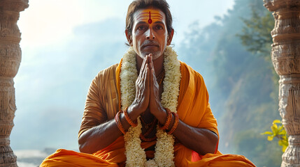 Serene Meditation by Hindu Priest in Traditional Attire Amidst Scenic Landscape : Generative AI