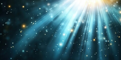 Fototapeta premium Abstract rays of light and glowing particles in space with blue and yellow hues. Cosmic background and science concept.