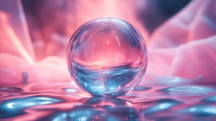 Futuristic crystal sphere on vibrant liquid surface with soft glow