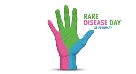Vibrantly designed hand with rare disease day colors representing solidarity and global awareness for medical support and community engagement