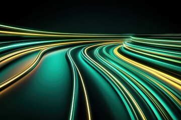 Dynamic green and yellow light trails curving in futuristic motion. Sci-fi abstract background for high-tech visuals and branding