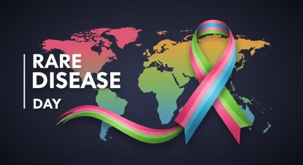 Colorful ribbon symbol with global map background for rare disease awareness day campaign