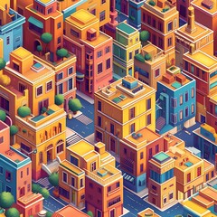 Vibrant Cityscape: An isometric illustration of a lively city brimming with colorful buildings, lush greenery, and winding streets, creating a vibrant and dynamic urban scene. 