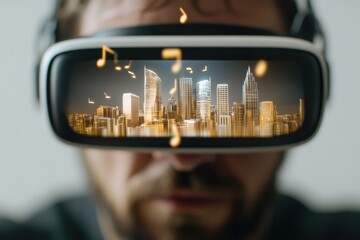 top-down view of vr headset projecting holographic cityscape with musical notes floating in air